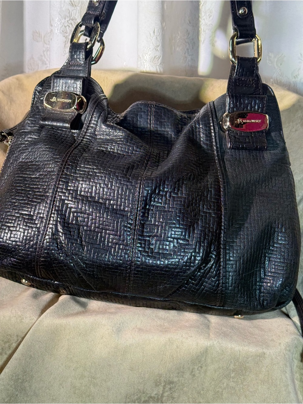 b. makowsky Black Embossed Leather Shoulder Bag with Gold Hardware